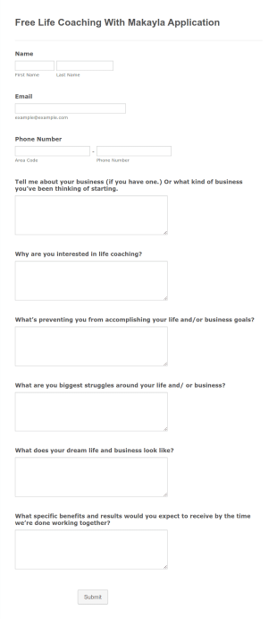 Free Life Coaching With Makayla Application Form Template