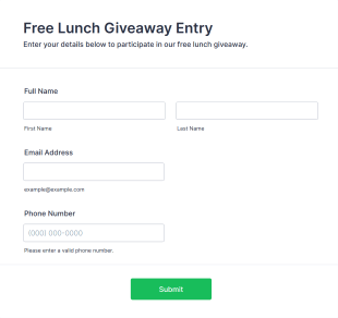 Free Lunch Giveaway Entry Form Template