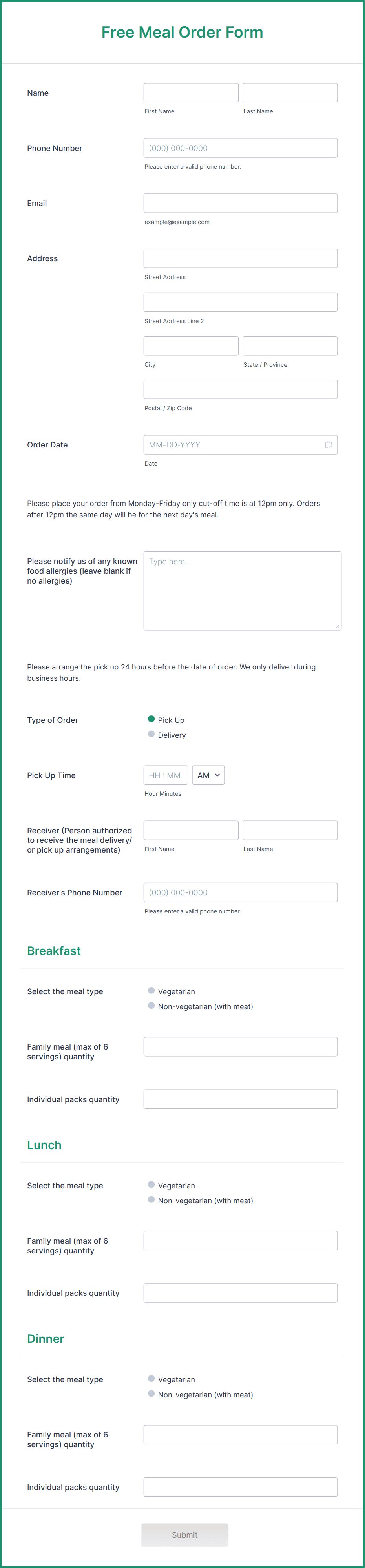 Free Meal Order Form Template | Jotform