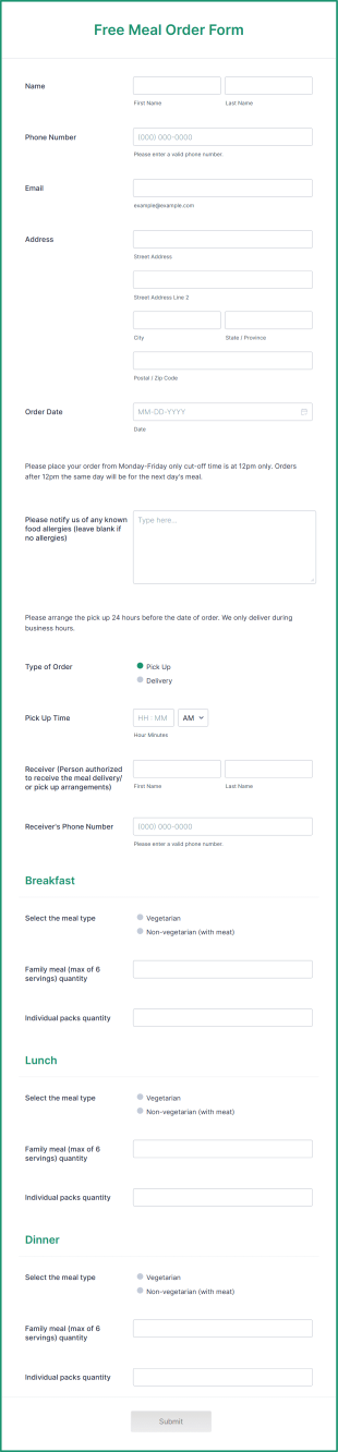 Free Meal Order Form Template