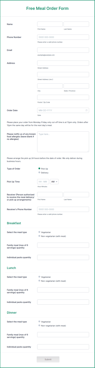 Free Meal Order Form Template