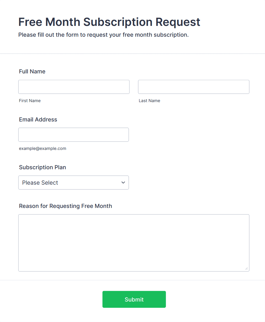 Free Month Subscription Request Form Template | Jotform