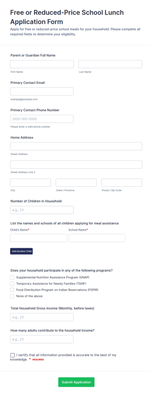 Free Or Reduced Price School Lunch Application Form Template