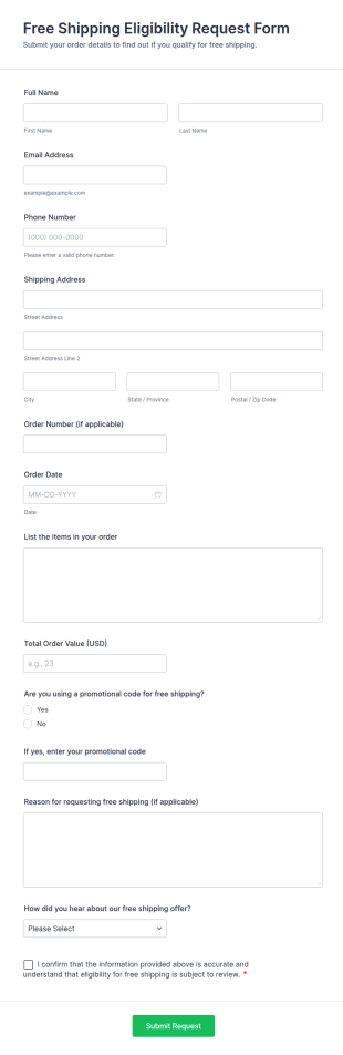 Free Shipping Eligibility Request Form Template