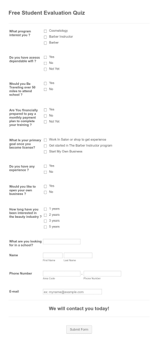 Free Student Evaluation Quiz Form Template