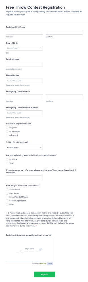 Free Throw Contest Registration Form Template