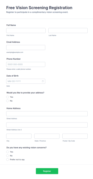 Free Vision Screening Registration Form Template