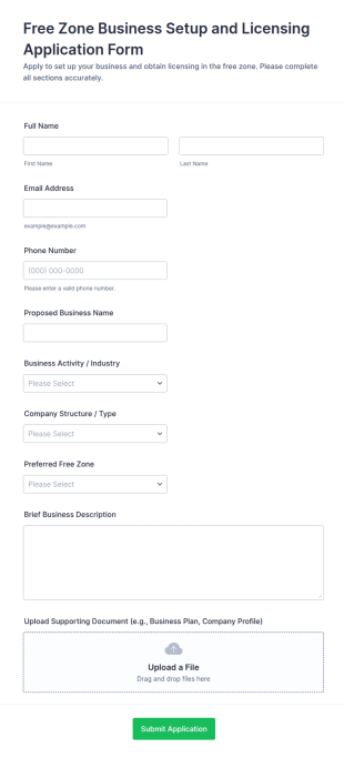 Free Zone Business Setup And Licensing Application Form Template