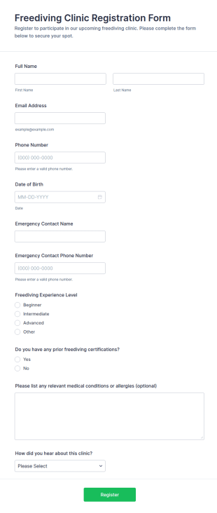 Freediving Clinic Registration Form Template