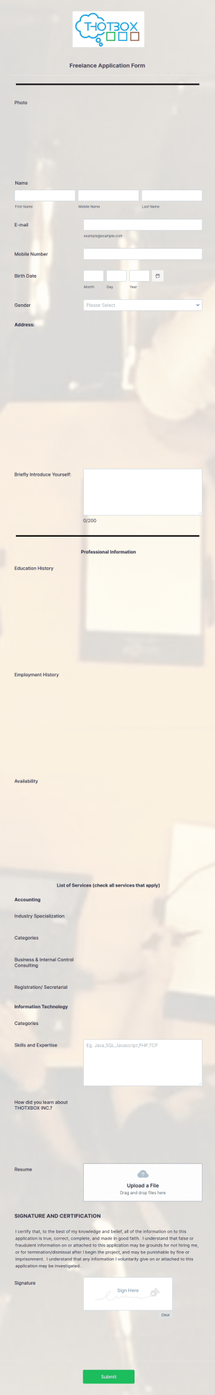 Freelance Application Form Template