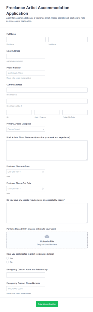 Freelance Artist Accommodation Application Form Template