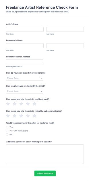 Freelance Artist Reference Check Form Template