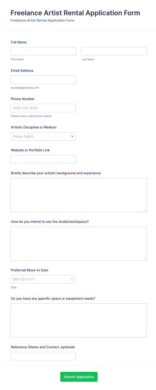 Freelance Artist Rental Application Form Template
