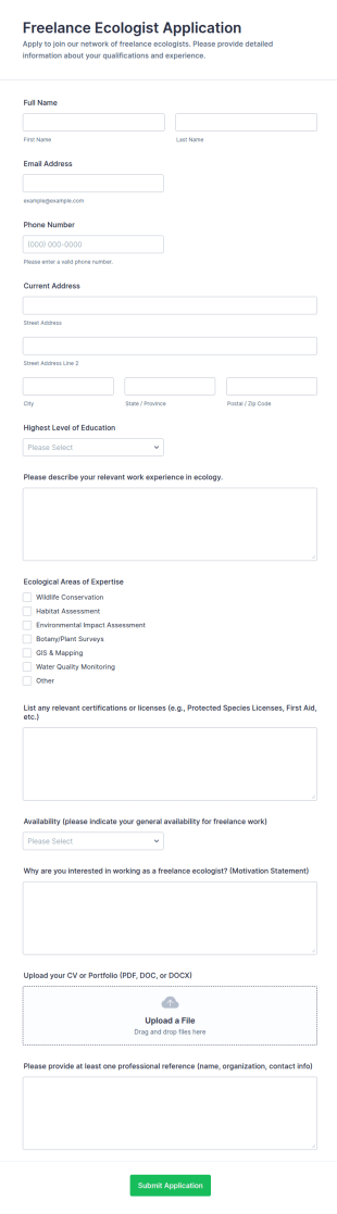 Freelance Ecologist Application Form Template