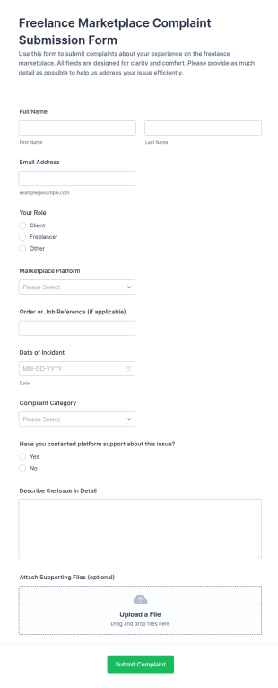 Freelance Marketplace Complaint Submission Form Template