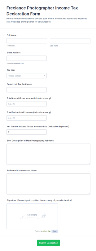 Freelance Photographer Income Tax Declaration Form Template