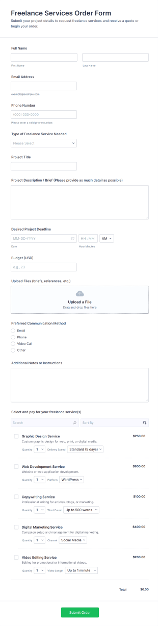 Freelance Services Order Form Template