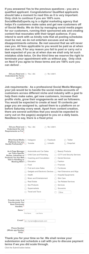 Freelance Social Media Manager Job Application Form Template