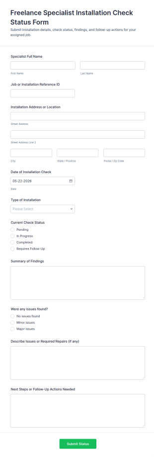 Freelance Specialist Installation Check Status Form Template