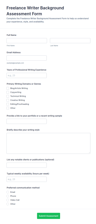 Freelance Writer Background Assessment Form Template