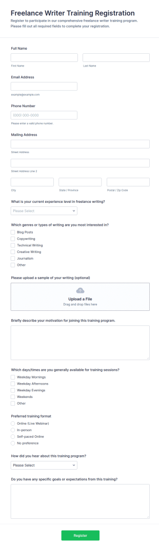 Freelance Writer Training Registration Form Template