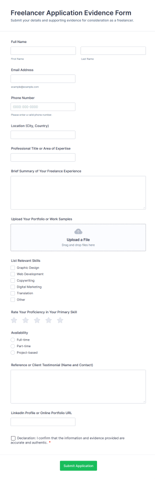 Freelancer Application Evidence Form Template