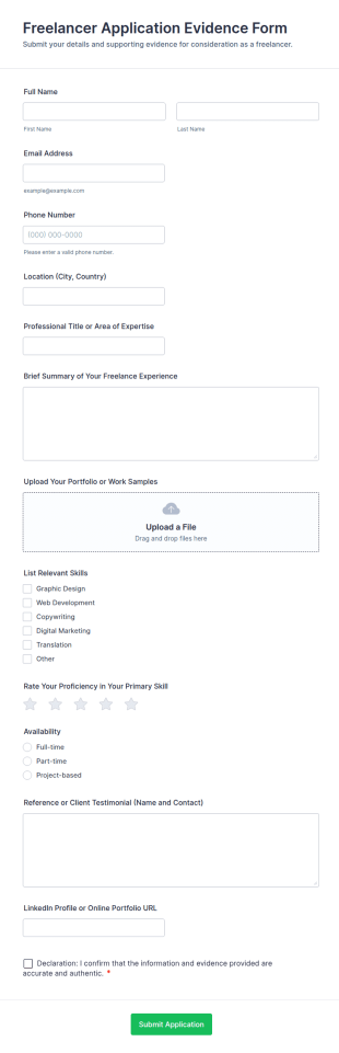 Freelancer Application Evidence Form Template