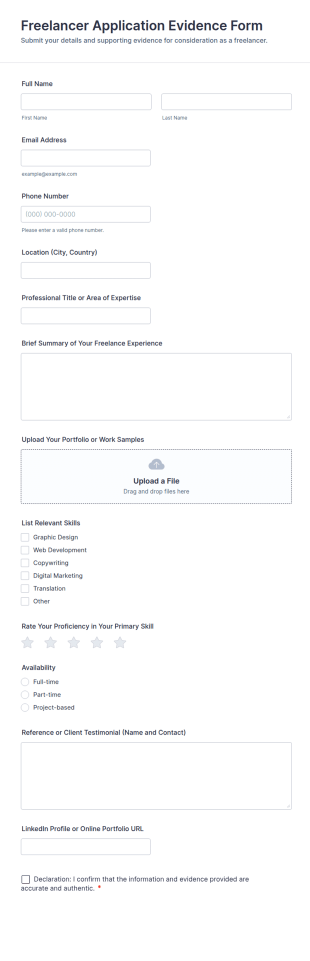 Freelancer Application Evidence Form Template