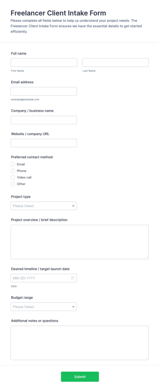 Freelancer Client Intake Form Template