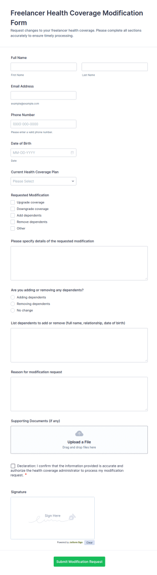 Freelancer Health Coverage Modification Form Template