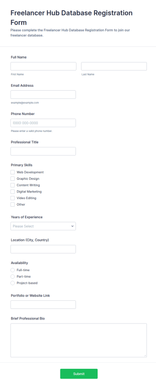 Freelancer Hub Database Registration Form Template