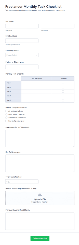 Freelancer Monthly Task Checklist Form Template