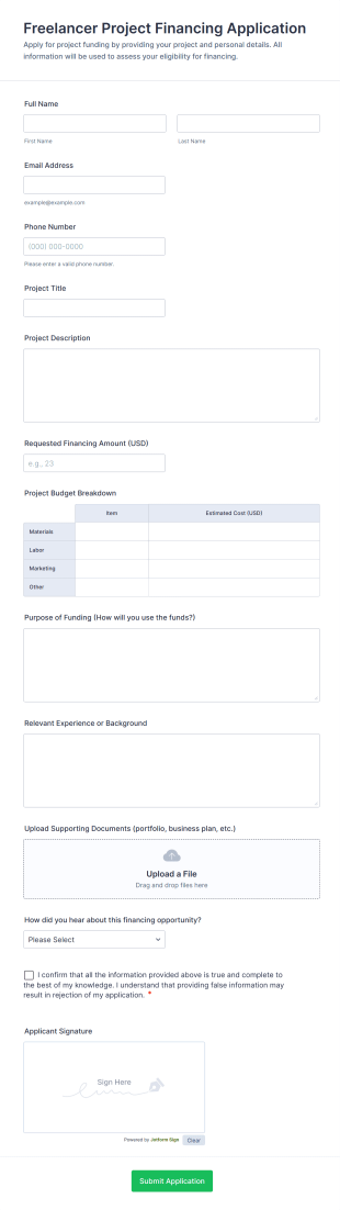 Freelancer Project Financing Application Form Template