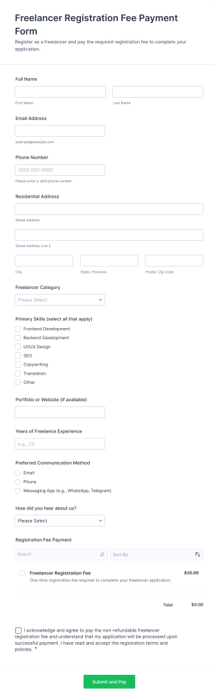 Freelancer Registration Fee Payment Form Template