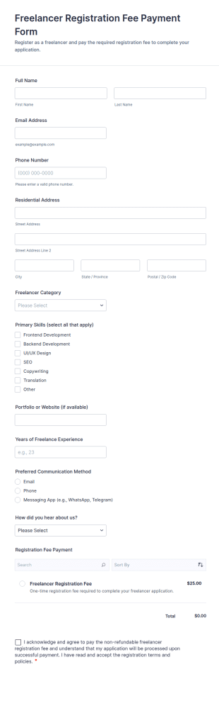 Freelancer Registration Fee Payment Form Template