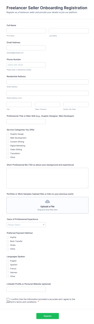 Freelancer Seller Onboarding Registration Form Template