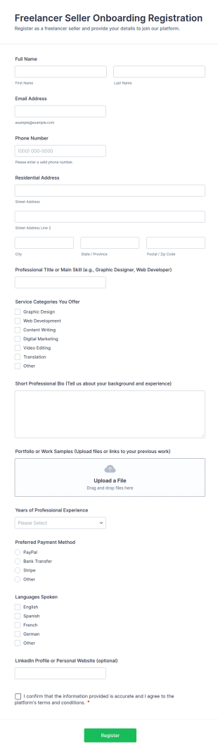 Freelancer Seller Onboarding Registration Form Template