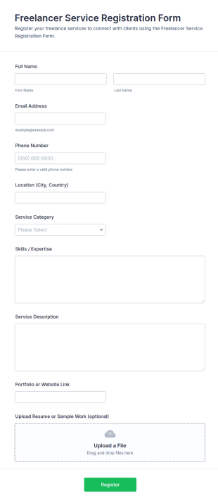 Freelancer Service Registration Form Template