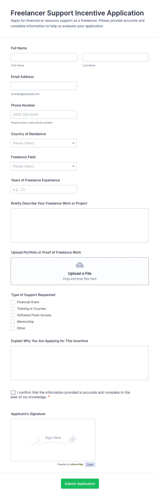 Freelancer Support Incentive Application Form Template