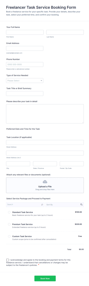 Freelancer Task Service Booking Form Template