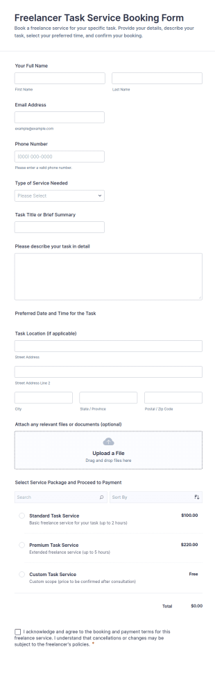 Freelancer Task Service Booking Form Template