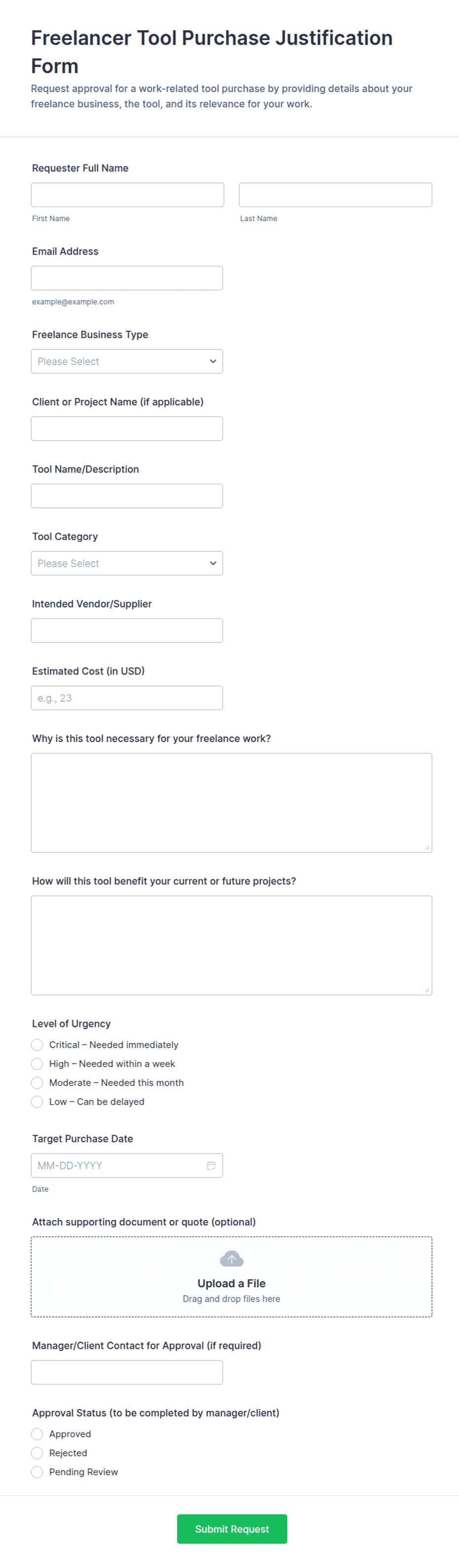 Freelancer Tool Purchase Justification Form Template | Jotform