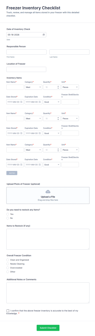 Freezer Inventory Checklist Form Template