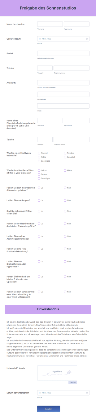 Freigabe Des Sonnenstudios Form Template