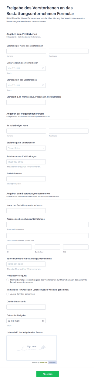 Freigabe Des Verstorbenen An Das Bestattungsunternehmen Formular