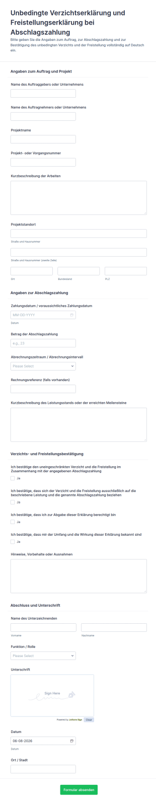 Freigabe Und Verzichtserklärung Für Baufortschritte Formular