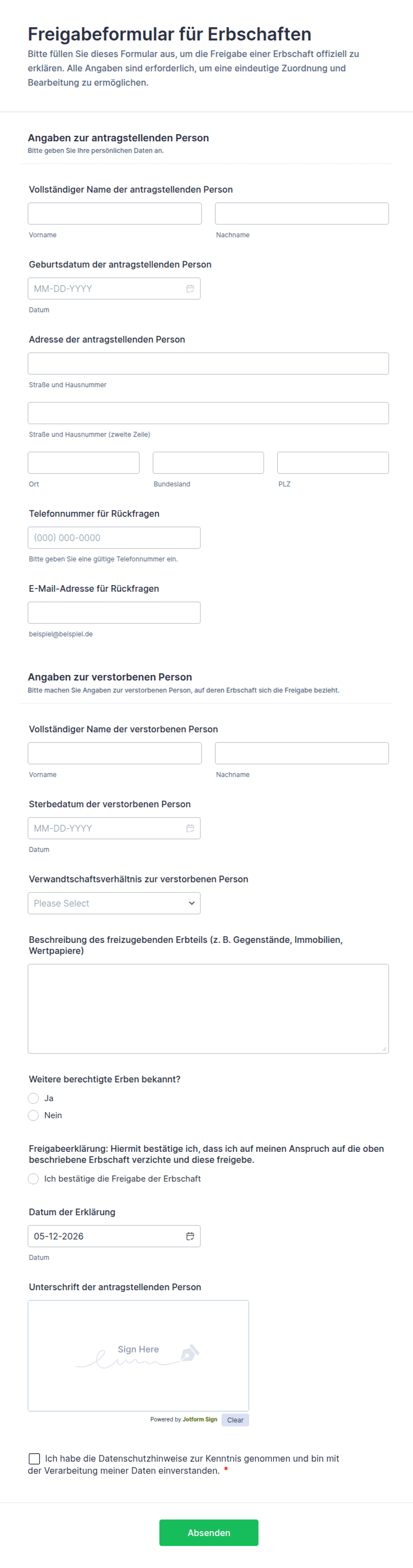 Freigabeformular für Erbschaften | Jotform