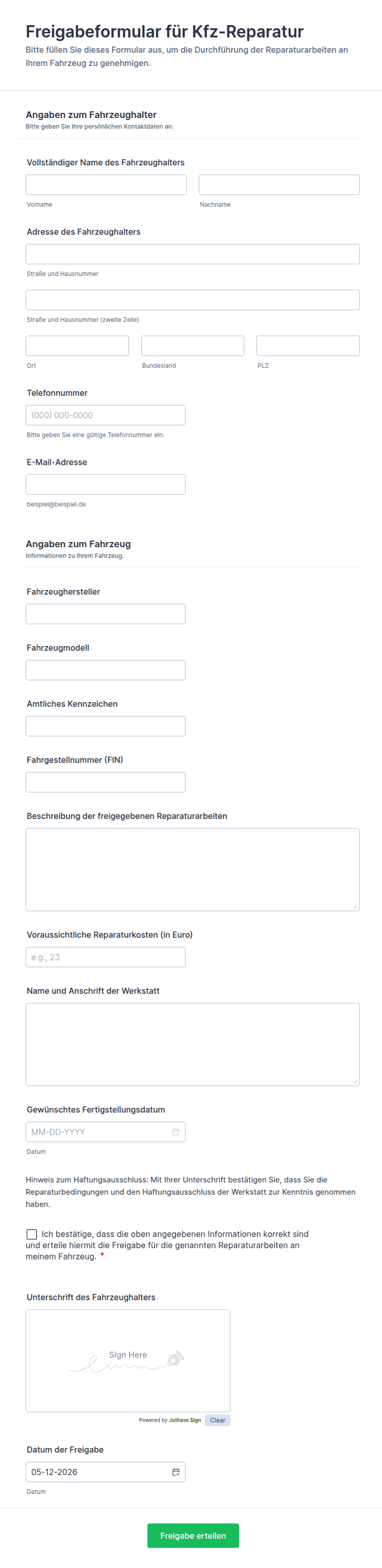 Freigabeformular für Kfz-Reparatur | Jotform