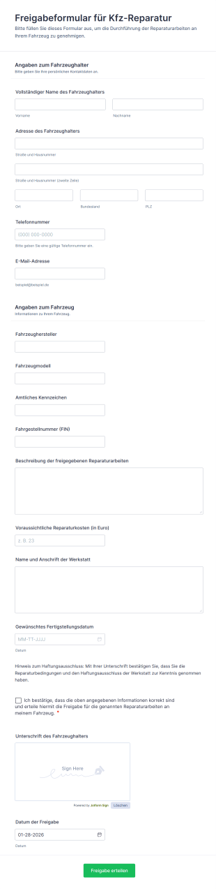 Freigabeformular Für Kfz Reparatur