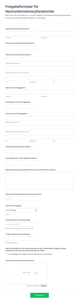 Freigabeformular Für Nachunternehmerpfandrechte